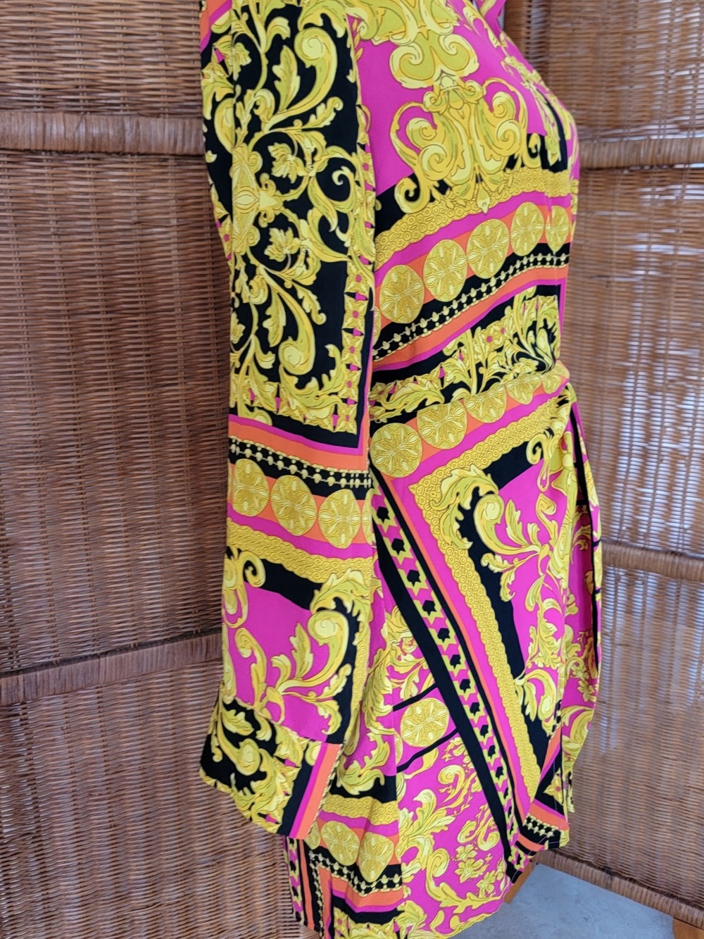 EUC Long Sleeve Pink & Gold Print Tie-Waist Dress - Picture 6 of 13